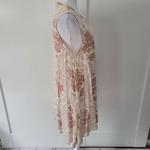 Audrey 3 + 1 Size S Cream Brown Fleur de Lis Print Shift Dress Boho Retro - Picture 2 of 7